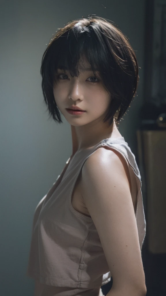 top-quality、​masterpiece、超A high resolution、(Photorealsitic:1.5)、Raw foto、1girl in、murky、deep-shadows、Unobtrusive、cold light、sexy appearance、shorth hair、((very_short_hair))