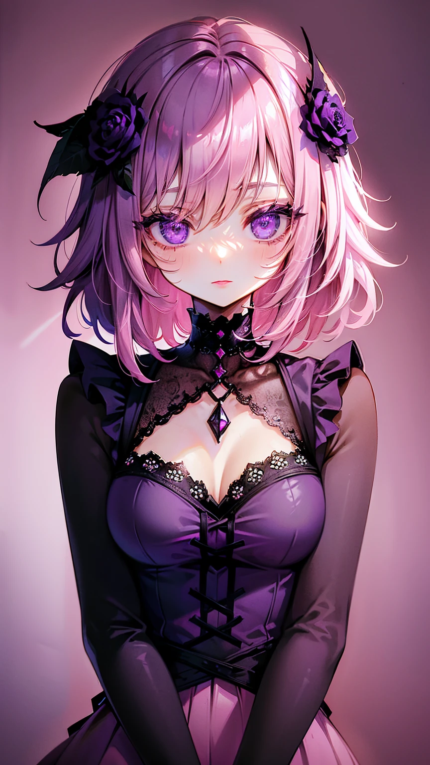 masterpiece, best quality, woman, (short-medium pink messy hair), Empty dark purple eyes, purple lipstick, gothic clothes