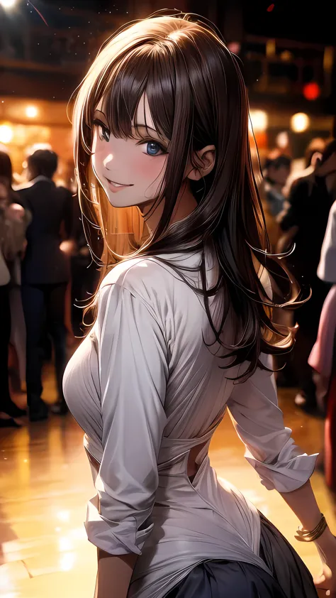 Anime Style, Film Portrait Photography, 1 Female, a smile, smile, Beautiful woman, whole body, Light brown hair, Semi-long hair, Woman dancing on the dance floor in a club, Spotlight, Vivid lighting, (Natural skin texture and vivid details, Ultra-realistic...