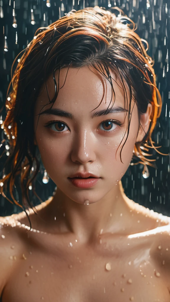 8k, masterpiece, best quality, style chinese, surreal dramatic lighting shadow, (lofi, analog), kodak film by Brandon Woelfel Ryan McGinley,
background is wet tshirt (water drops:1.2), splash detailed,
1girl, perfect face, perfect eye, looking at viewer, (Authentic skin texture:1.3), naked portrait, nude photography, shiny nipple 