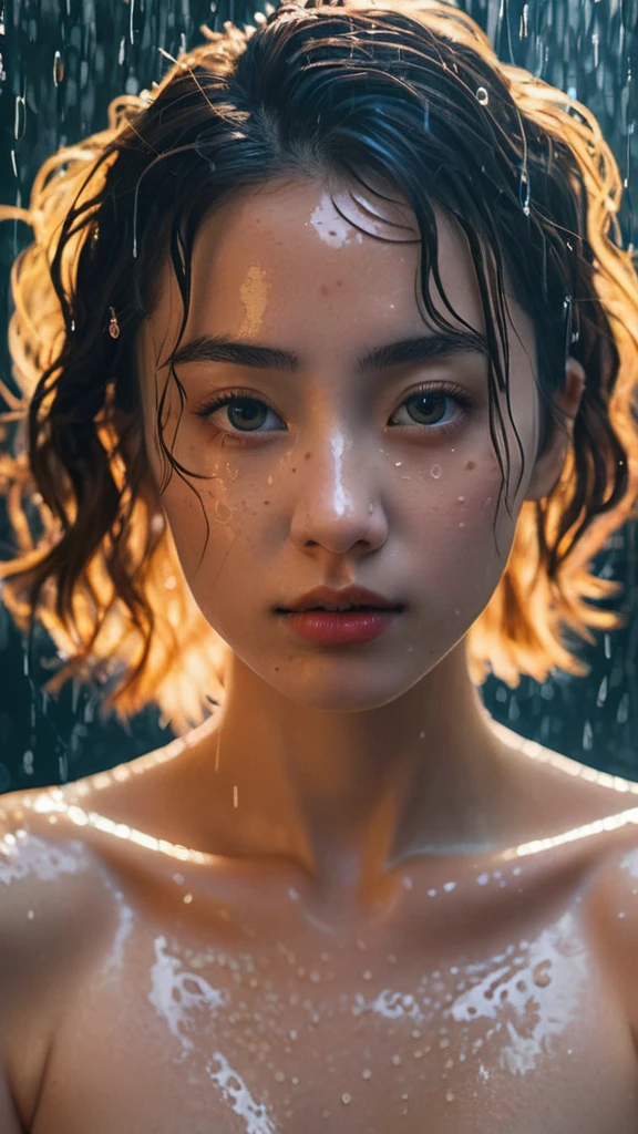 8k, masterpiece, best quality, style chinese, surreal dramatic lighting shadow, (lofi, analog), kodak film by Brandon Woelfel Ryan McGinley,
background is wet tshirt (water drops:1.2), splash detailed,
1girl, perfect face, perfect eye, looking at viewer, (Authentic skin texture:1.3), naked portrait, nude photography, shiny nipple, half body