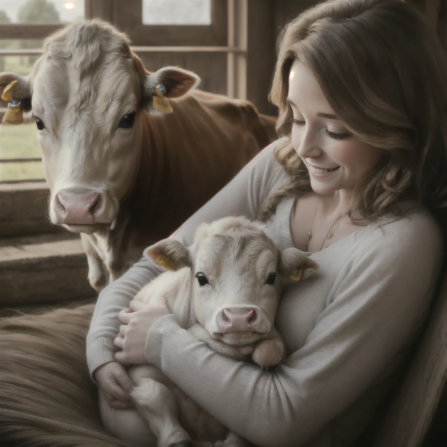 Esta es una imagen acogedora y feliz de ((una mujer)) acurrucado junto a un adorable ternero. La mujer es encantadora, con ojos hermosos e interesantes y labios hinchados.. Sus ojos son (Vistoso) y tener combinaciones de colores interesantes. El ternero tiene sueño y es lindo., con ojos detallados y marcas de vaca. Include many cozy and pacífico details. incluir cálido, pacífico, bonito, elegant, Vaca bebé, mujer encantadora, líneas de sonrisa, rayos de Dios, rayos de luz, brillar, ((obra maestra)), mejor calidad, ultra detallado. La perspectiva sitúa a la mujer y al ternero en el centro de la imagen.. Utilizar composición dinámica y técnicas de iluminación cinematográfica.. (((The Vaca bebé is as important as the woman and should be perfect and cute.)))