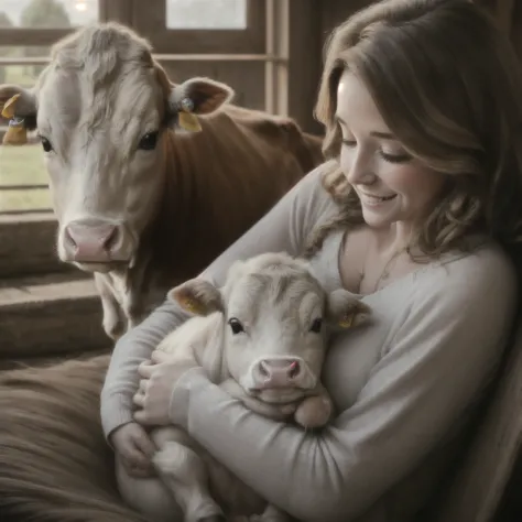 This is a cozy and happy image of ((a woman)) curled up next to an adorable calf. The woman is lovely with interesting and beaut...