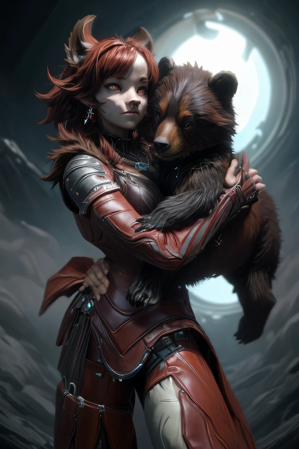 fantasy art 8k,masterpiece
pmmkr2024,best quality, trending on artstation,calm,quiet,Best quality,lycan,evil,gloomy,lurid,female,creepycute,fantasy art,Bobby BearHug is an anthropomorphic bear with red fur, black eyes and white pupils, a black nose, rounded ears, and padded paws. Her paws and upper-snout are a lighter shade of red, similar to the inside of her ears. She wears a black necklace sporting a ruby-colored heart pendant.