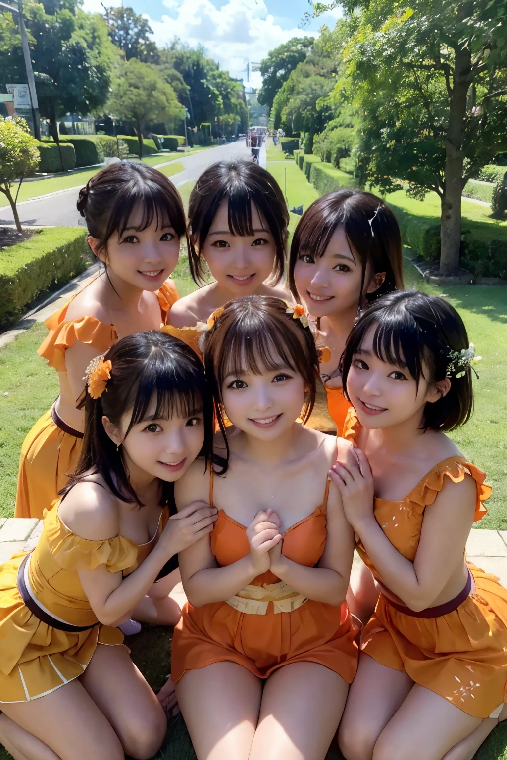 ((Best quality, masterpiece)), five lifelong friends,japanese idol,costume,((orange juice)), warmly embracing, smiling ear-to-ear, surrounded by lush greenery and a crisp blue sky, basking in the sunshine of a perfect day.