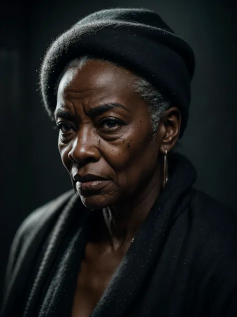 A highly detailed and hyper-realistic depiction of a disgusted old black skin queen with scars and wrinkles on her face. The cha...