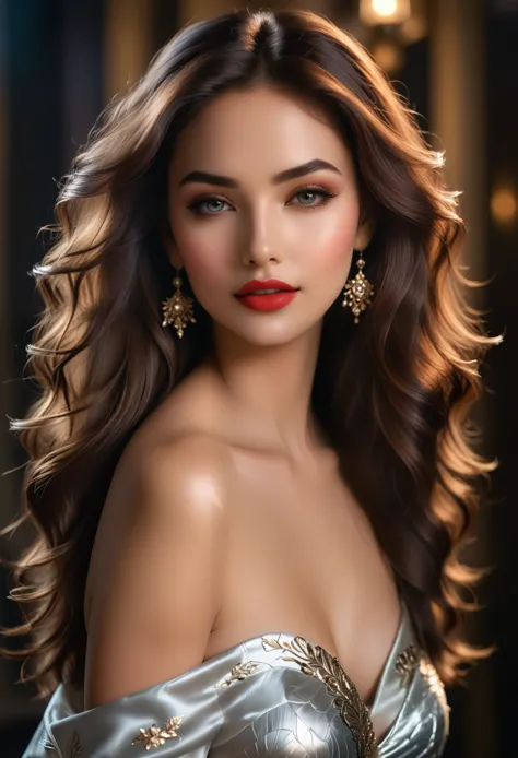 best quality,ultra-detailed,realistic,portrait,girl,beautiful detailed eyes,beautiful detailed lips,radiant skin,flowing hair,sensual pose,vivid colors,soft lighting,romantic ambiance,alluring gaze,subtle makeup,stylish outfit,high fashion,graceful posture...