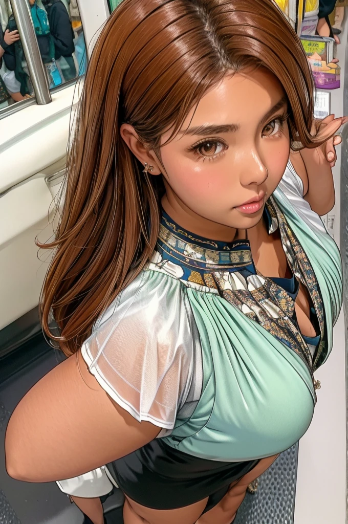 masterpiece,ultra detailed,(sleeveless blouse:1.3),look up at viewer,thick arms,pov,close up,from above,pov,thick arms,frontshot,gyaru,gal,18 years old,(tanned skin:1.3),standing in train,(crowded train),curvy adult females,oval face,cleavage