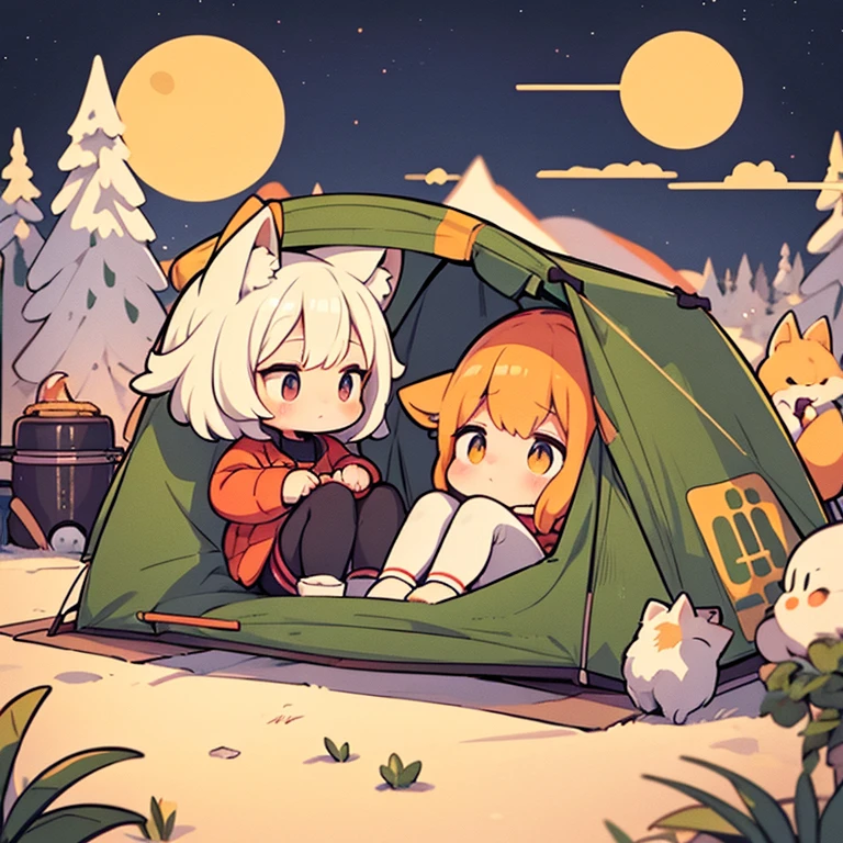 A wide range of illustrations with a simple and calm color palette, Highlighting chibi fox girl, 『Laid-back Camp △』A work inspired by, She is sitting among a huge collection of camping equipment, From tents to advanced cooking equipment, Add a nostalgic atmosphere with a vintage bike, Everything is under the gently blurred winter starry sky.