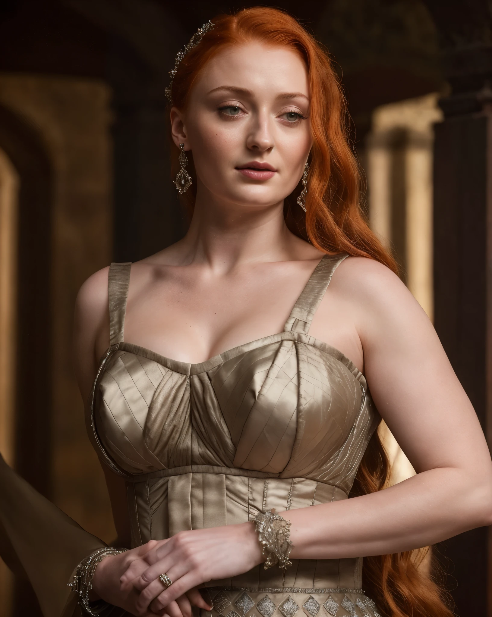 Face of Sophie Turner, Sansa Stark played by Sophie Turner, the de facto Lady of the Eyrie, is a 40-year-old mature queen with a stunning, alluring appearance. Full Face, pierced eyes, reddish lips, upper body shot, erotic Mediaeval costumes, game of thrones costumes, She wears a Game of Thrones-inspired costume and has a deep cleavage, a perfect thick body, and a perfect thick figure. The photograph captures her in a close-up, with her skin texture and facial features being ultra-realistic and realistic.