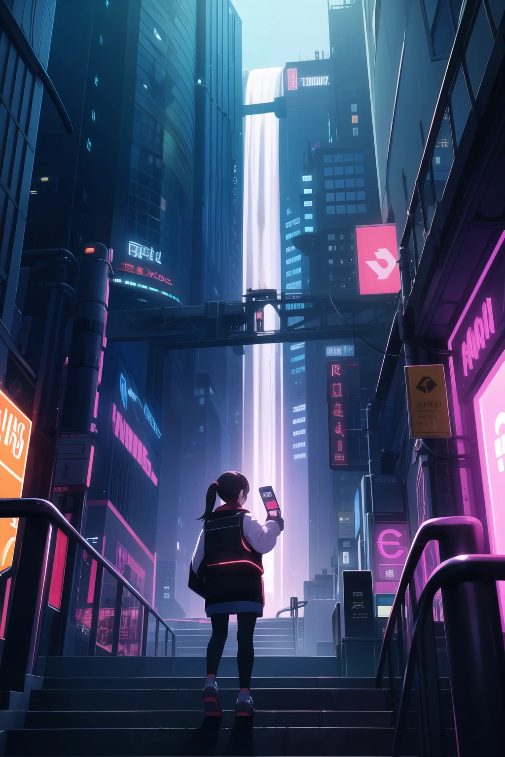 Chef-d&#39;œuvre, meilleure qualité, Ultra détaillé, style animé, Dans une ville high-tech, une jolie fille contrôle l&#39;électricité, des étincelles cascadent le long de tes doigts. Sa tenue d&#39;inspiration cyberpunk, avec des motifs en forme de circuit, résonne avec l&#39;environnement éclairé au néon tout en exploitant l&#39;énergie du paysage urbain