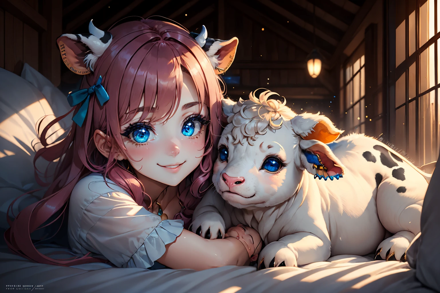 This is a cozy and happy image of ((a woman)) curled up next to an adorable calf. The woman is lovely with interesting and beautiful eyes and puffy lips. Her eyes are (colorful) and have interesting color combinations. The calf is sleepy and cute, with detailed eyes and cow markings. Include many cozy and peaceful details. Include warm, peaceful, pretty, elegant, baby cow, lovely woman, smile lines, god rays, rays of light, shimmer, ((masterpiece)), best quality, ultra detailed. Perspective places the woman and the calf in the center of the image. Utilize dynamic composition and cinematic lighting techniques. ((cute baby cow)), perfect cow