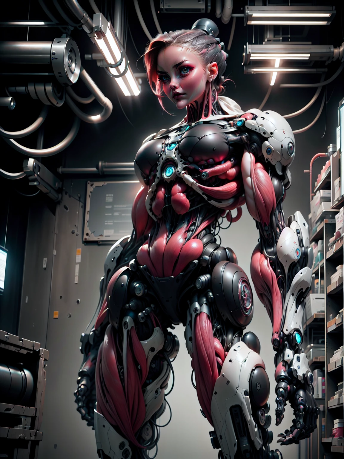 (1 girl), (cara delevingne), (muscular android girl wearing a black anatomic cybernetic muscle suit:1.25), (wide shoulders:1.25), (muscular defined physique:1.25), perfect hands, long hair, large breasts, high resolution image, extreme detail, blank background