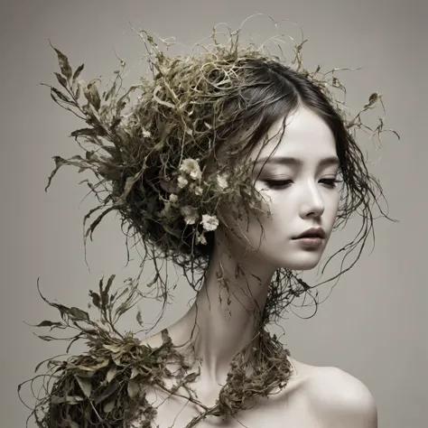 Create a simple and elegant bailong plant girl made of dead plants, logo, shedding tears. The design should convey a strong sens...