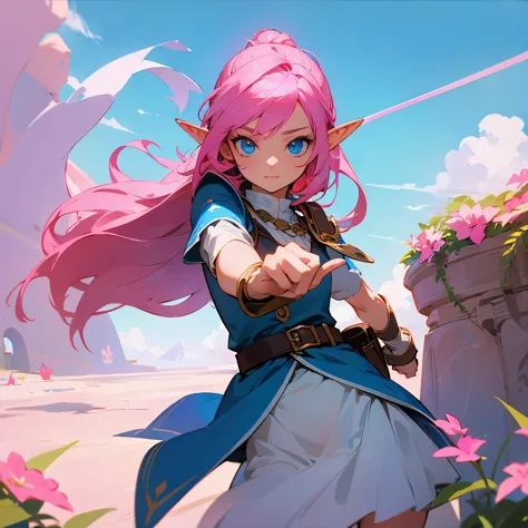 elf girl with blue sky and pink hair, with blue sky eyes, and looks like an adventurer, and there is an bow behind her, reaching...