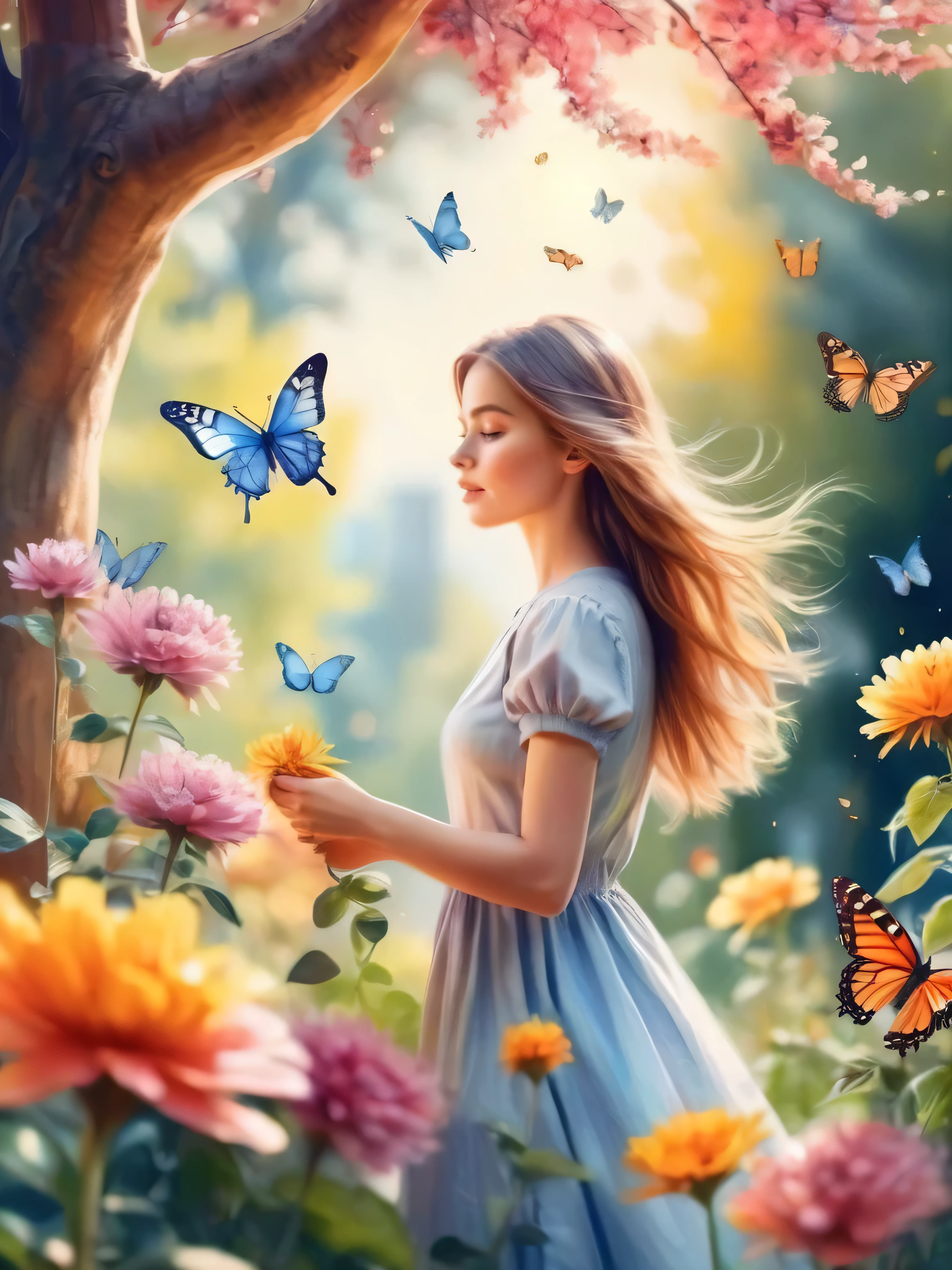 (a girl in a garden),(illustration,watercolor),(vibrant flowers,blooming trees,sparkling sunlight,butterflies flying),(best quality,ultra-detailed,realistic:1.37),vivid colors,warm color tone,natural lighting