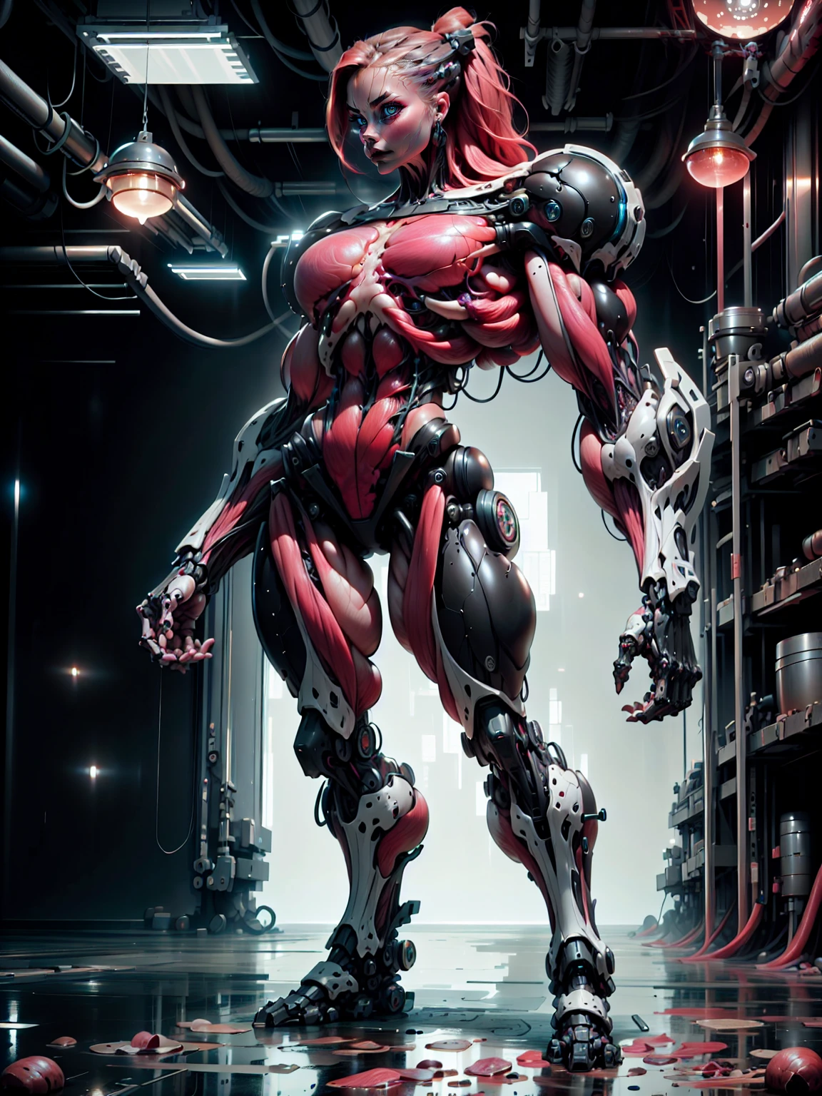 (1 girl), (cara delevingne), (muscular android girl wearing a black anatomic cybernetic muscle suit:1.25), (wide shoulders:1.25), (muscular defined physique:1.25), perfect hands, long hair, large breasts, high resolution image, extreme detail, blank background