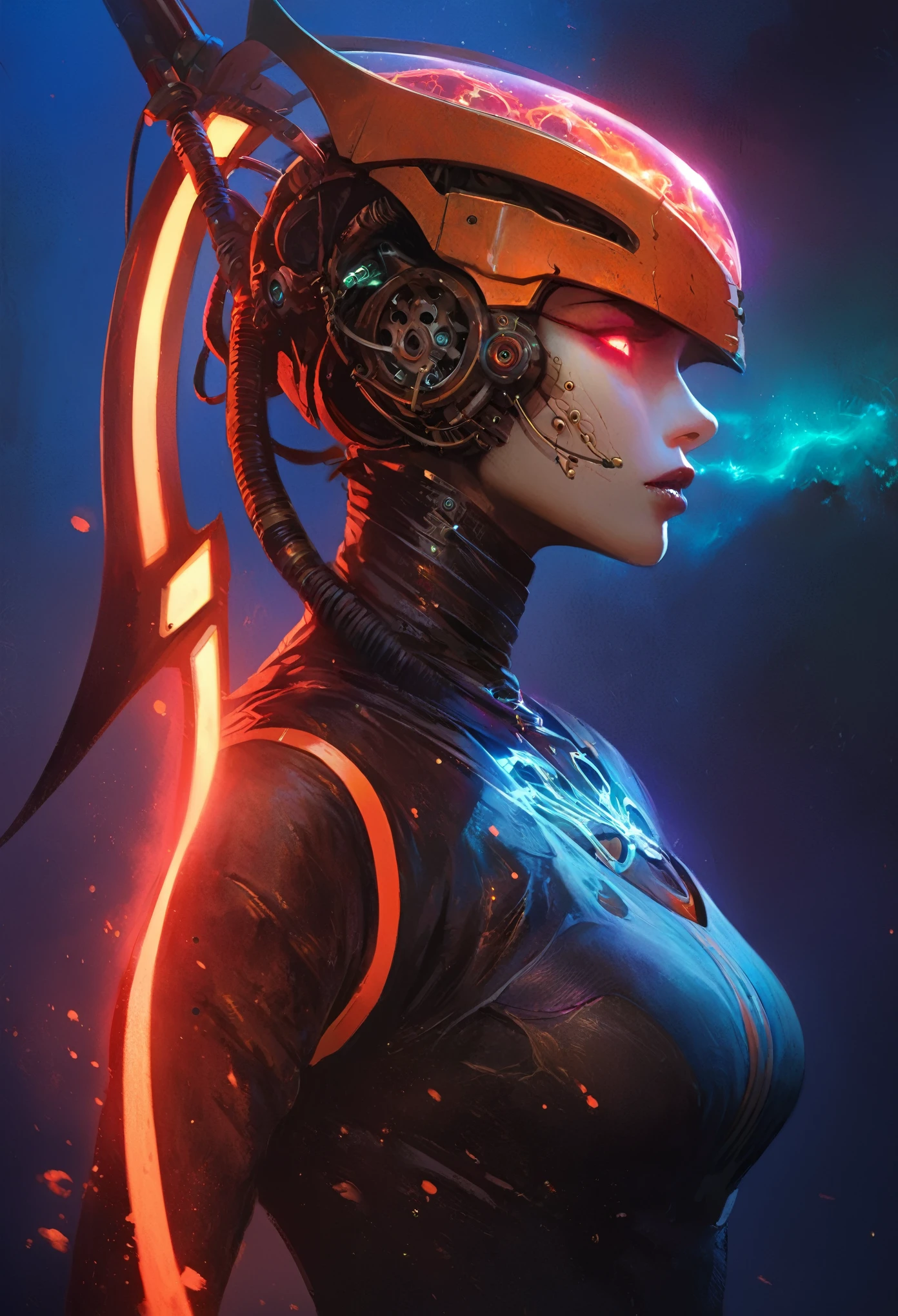 The prompt for the given theme is: "black color, ram's head, Death's scythe, infernal horror, overlooking, tattered clothes, downward gaze, illustrations, highres, ultra-detailed, dark fantasy, sharp focus, vivid colors, dramatic lighting, bokeh". female robot pilot, mechanical creature, electronic wires relays computer nerves, girl face, dystopian surrealism, alex ries zdzisaw beksinski giger, very intricate details, demon chinese female, deep luminous eyes contain galaxies, head contains nebula, deep aesthetic, concept art, carved silver circuits diodes resistors semiconductors, highly ornate