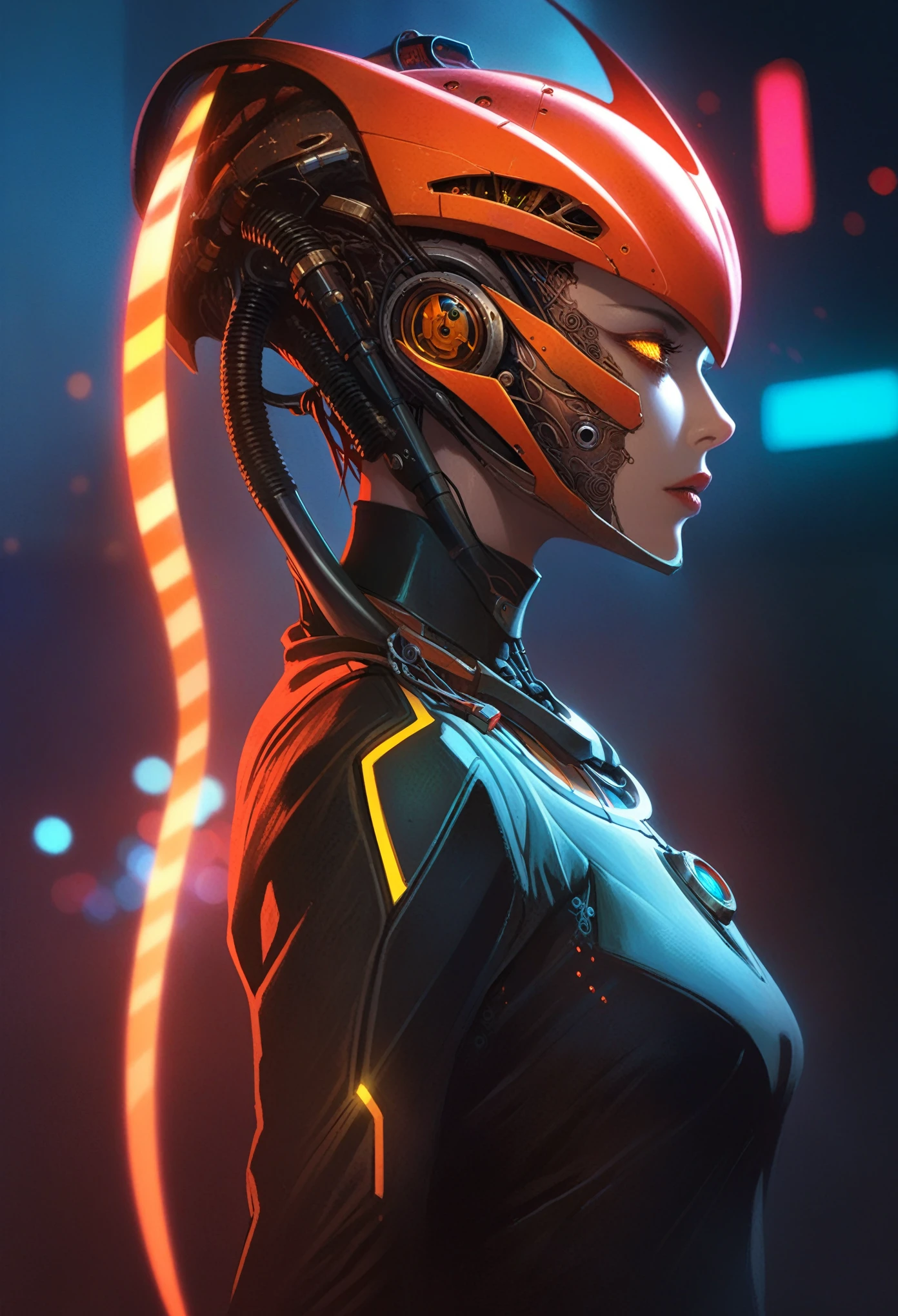 The prompt for the given theme is: "black color, ram's head, Death's scythe, infernal horror, overlooking, tattered clothes, downward gaze, illustrations, highres, ultra-detailed, dark fantasy, sharp focus, vivid colors, dramatic lighting, bokeh". female robot pilot, mechanical creature, electronic wires relays computer nerves, girl face, dystopian surrealism, alex ries zdzisaw beksinski giger, very intricate details, demon chinese female, deep luminous eyes contain galaxies, head contains nebula, deep aesthetic, concept art, carved silver circuits diodes resistors semiconductors, highly ornate