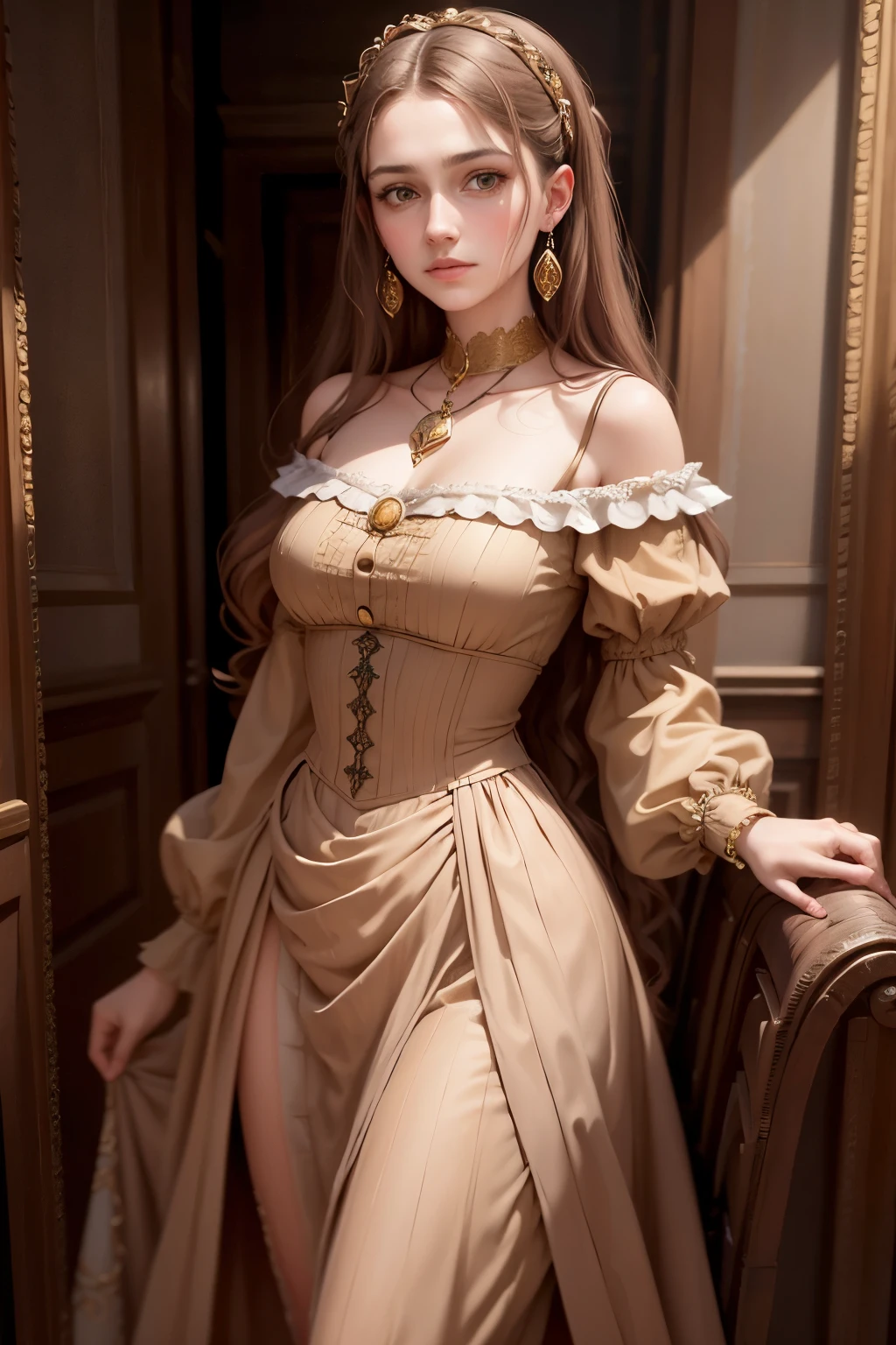 a painting of a woman in a brown dress and a gold frame, realistic renaissance portrait, renaissance portrait, renaissance digital painting, renaissance oil portrait, inspired by Domenico Quaglio the Younger, masterpiece portrait, portrait of megara, classical portrait, inspired by Giovanni Lanfranco, baroque portrait, neoclassical portrait, inspired by Ridolfo Ghirlandaio