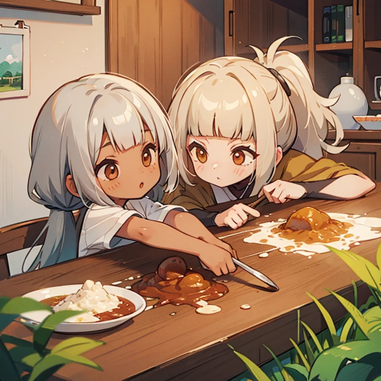 カレーのスパイスを混ぜる女の子たち　茶色の肌と銀色の髪