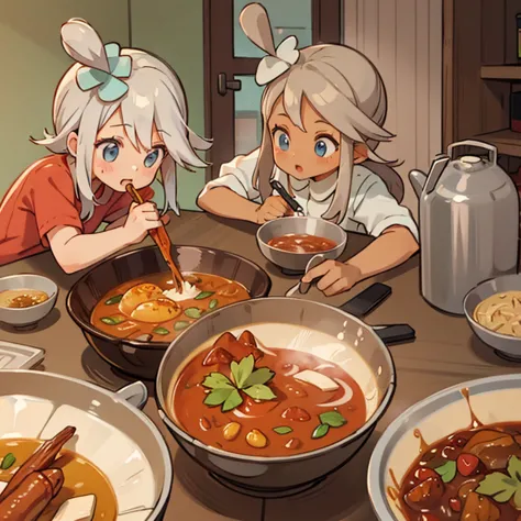 girls mixing curry spices　brown skin and silver hair