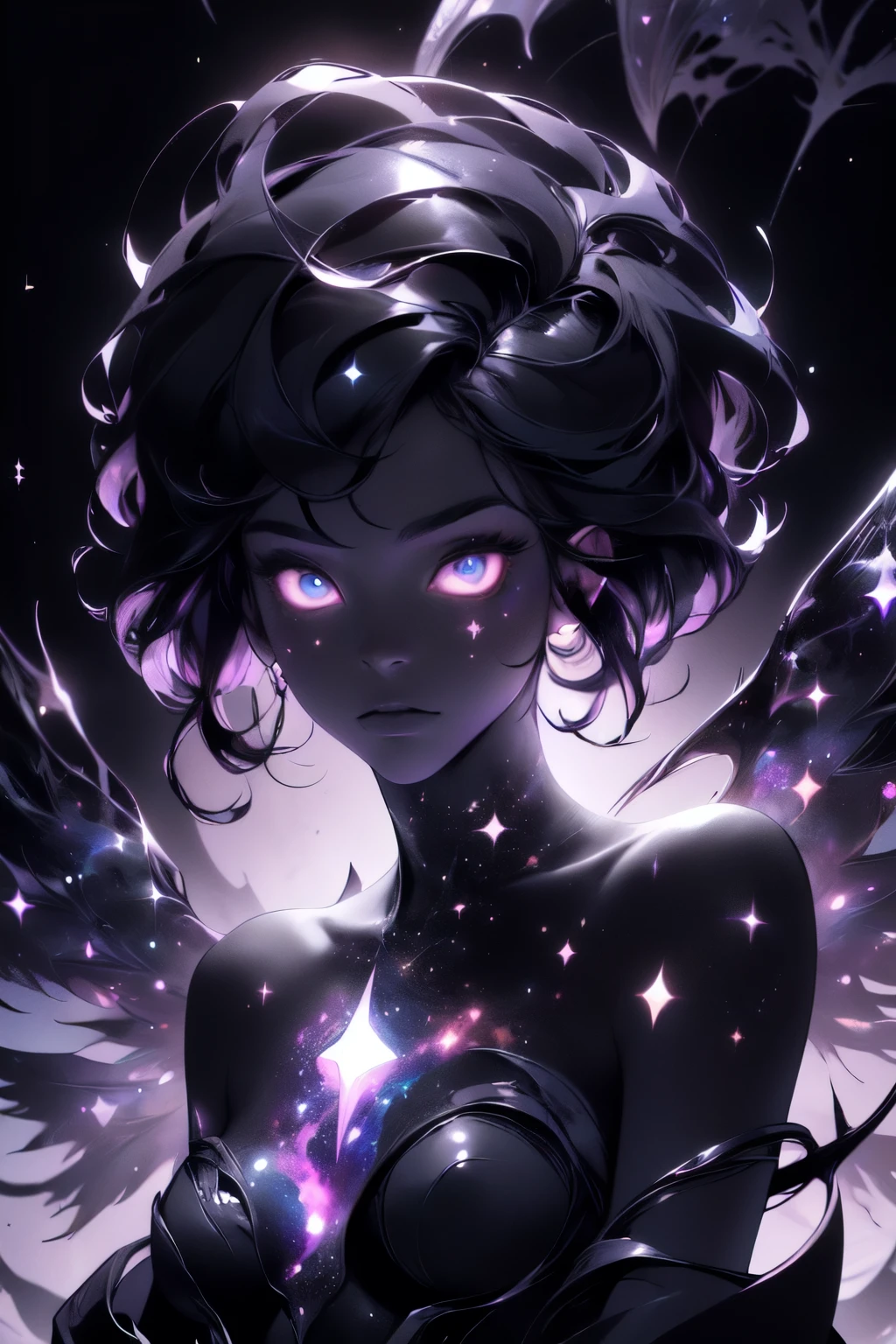 Generate a dark celestial woman with ((extremely perfect)) eyes and (((pure black galaxy skin))). Her ((pure black)) but (soft) face should be highly detailed and realistically shaded with puffy lips. Her wings are delicate but stunning, with many small fantasy details. This is a (((masterpiece))). Utilize dynamic composition and expressions to create a cinematic experience. Include glittering and delicate jewelry. ((dark celestialskin body, void cosmic body)), ornate