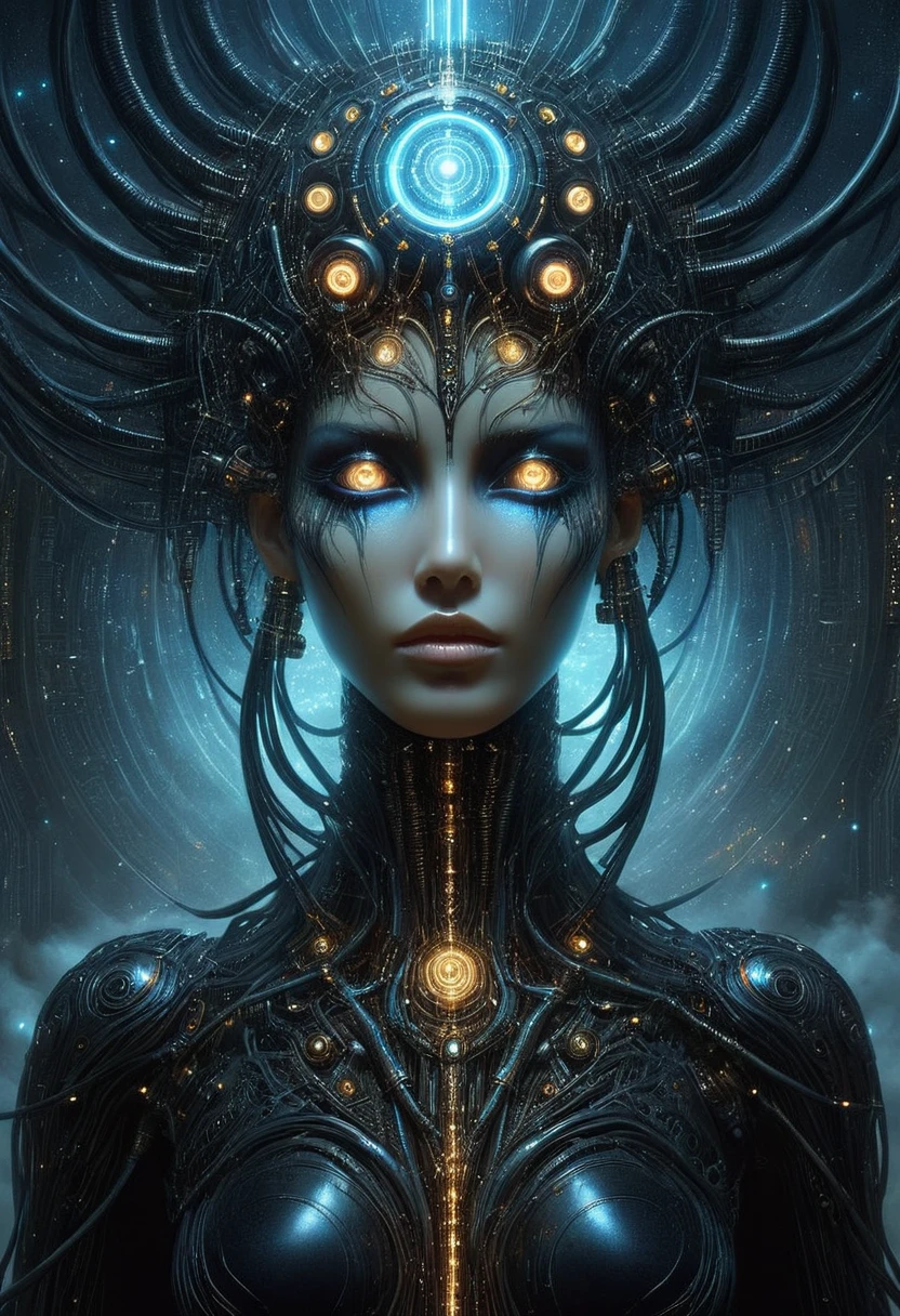 The prompt for the given theme is: "black color, ram's head, Death's scythe, infernal horror, overlooking, tattered clothes, downward gaze, illustrations, highres, ultra-detailed, dark fantasy, sharp focus, vivid colors, dramatic lighting, bokeh". female robot pilot, mechanical creature, electronic wires relays computer nerves, girl face, dystopian surrealism, alex ries zdzisaw beksinski giger, very intricate details, demon chinese female, deep luminous eyes contain galaxies, head contains nebula, deep aesthetic, concept art, carved silver circuits diodes resistors semiconductors, highly ornate.