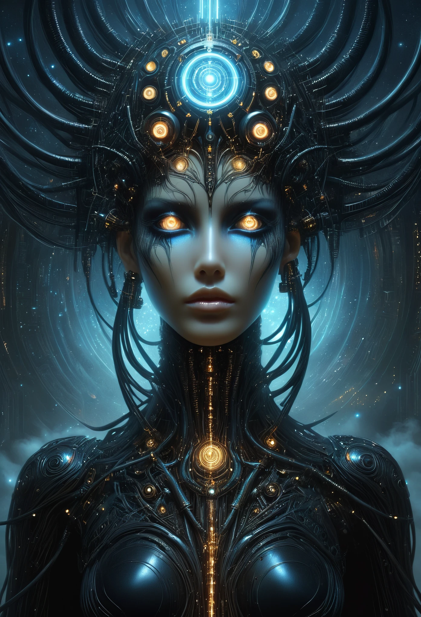 The prompt for the given theme is: "black color, ram's head, Death's scythe, infernal horror, overlooking, tattered clothes, downward gaze, illustrations, highres, ultra-detailed, dark fantasy, sharp focus, vivid colors, dramatic lighting, bokeh". female robot pilot, mechanical creature, electronic wires relays computer nerves, girl face, dystopian surrealism, alex ries zdzisaw beksinski giger, very intricate details, demon chinese female, deep luminous eyes contain galaxies, head contains nebula, deep aesthetic, concept art, carved silver circuits diodes resistors semiconductors, highly ornate.