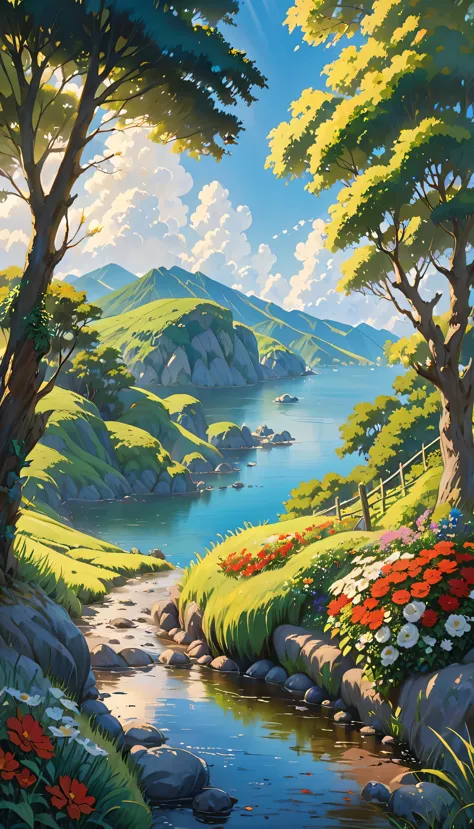 Realistic, authentic, beautiful and amazing landscape oil painting Studio Ghibli Hayao Miyazaki&#39;s petal grassland with blue ...