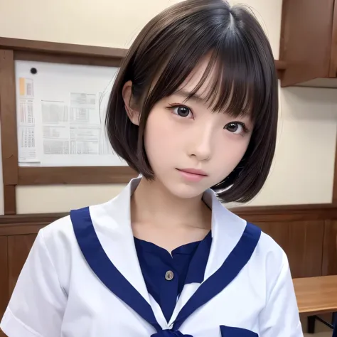 High quality, Ultra detailed, best quality, insanely detailed, beautiful, masterpiece, 1 beautiful girl,15 years old,bob,japanese,sailor suit, class room