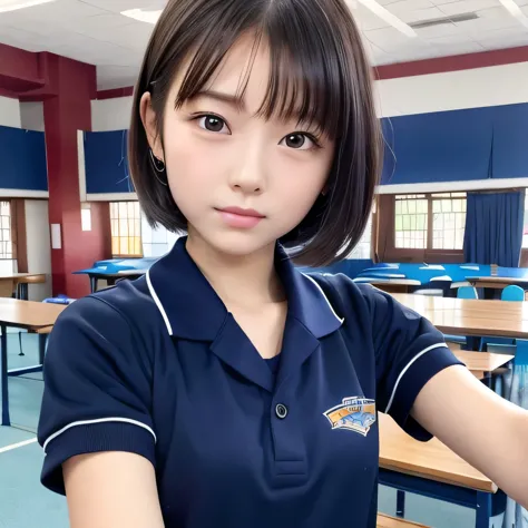 High quality, Ultra detailed, best quality, insanely detailed, beautiful, masterpiece, 1 beautiful girl,15 years old,bob,japanese, school gym clothes, class room