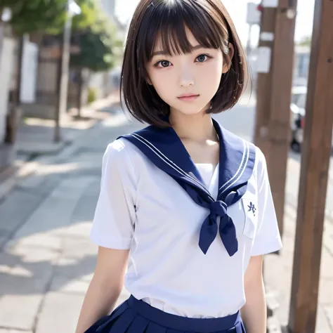 High quality, Ultra detailed, best quality, insanely detailed, beautiful, masterpiece, 1 beautiful girl,15 years old,(bob),japanese, slender body,flat chest,((school uniform, sailor suit)),