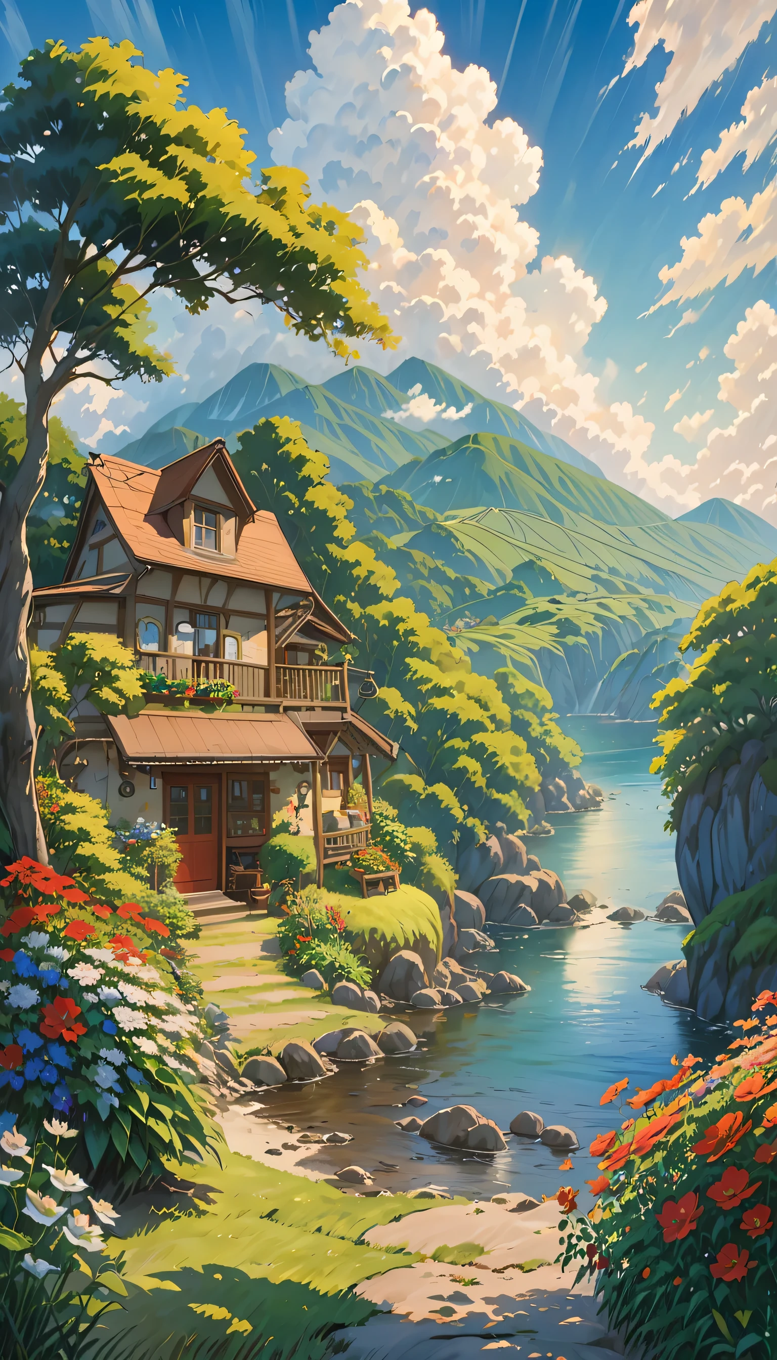 realista, autêntico, bela e incrível paisagem pintura a óleo Studio Ghibli Hayao Miyazaki&#39;pastagem de pétalas com céu azul e nuvens brancas --v6