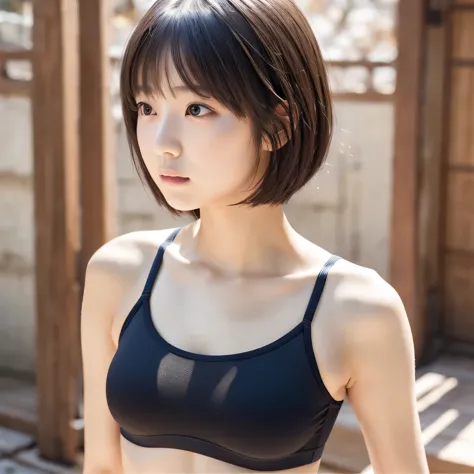 High quality, Ultra detailed, best quality, insanely detailed, beautiful, masterpiece, 1girl,15 years old,(bob),japanese, slender body,flat chest,sports bra,head shot, shoot from side