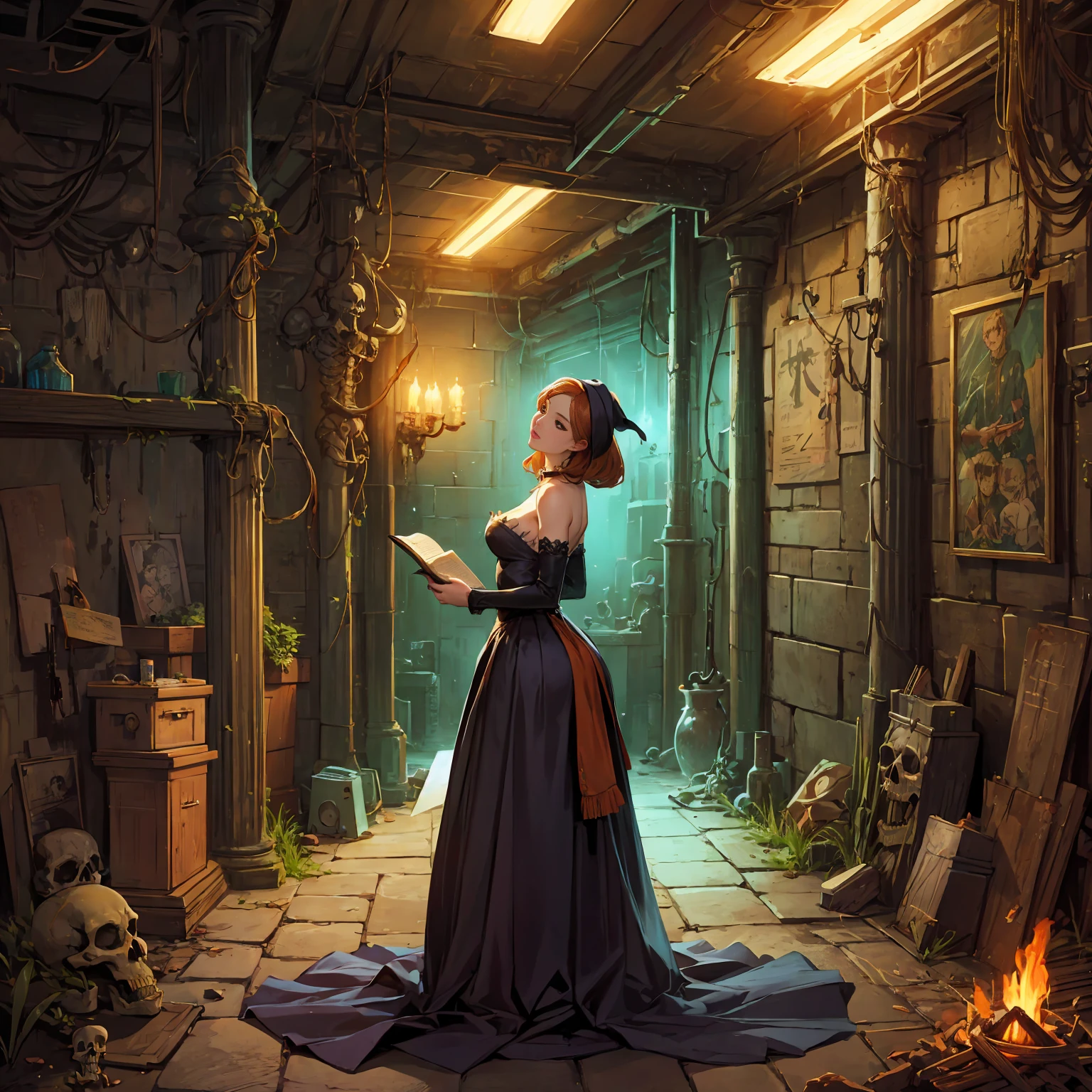 semi-realistic, anime style, 1woman reading an old scroll, (curvy body:0.8), neon lighting, dcSorcwitch hat, strapless dress, detached sleeves, FanUn, highly detailled backround, in abandonned subway, a fantasy underground laboratory, with cauldron, fireplace, torch lights on walls, scroll, grimoire, skeleton, moss on the wall, 