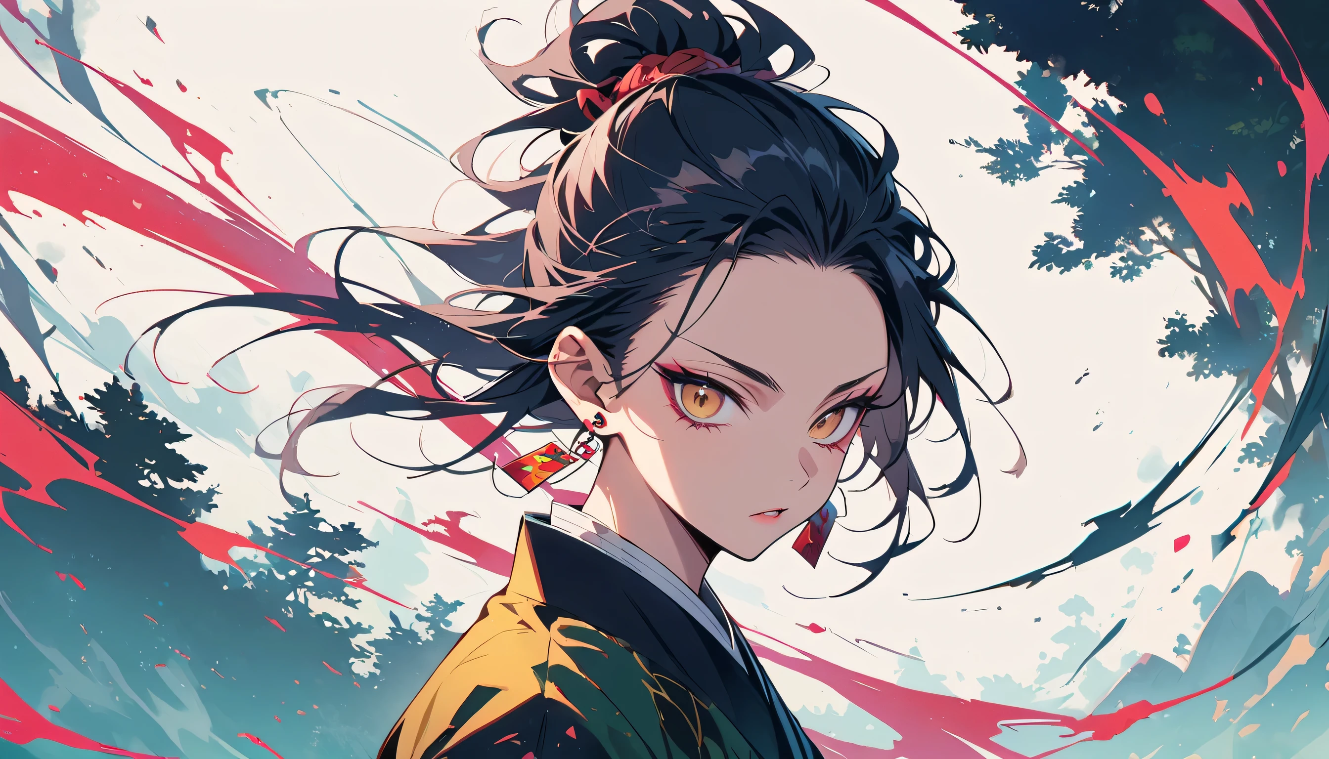 Demon Slayer: Kimetsu no Yaiba, picture from the side, looks into the camera, evil look, hanafuda earrings,