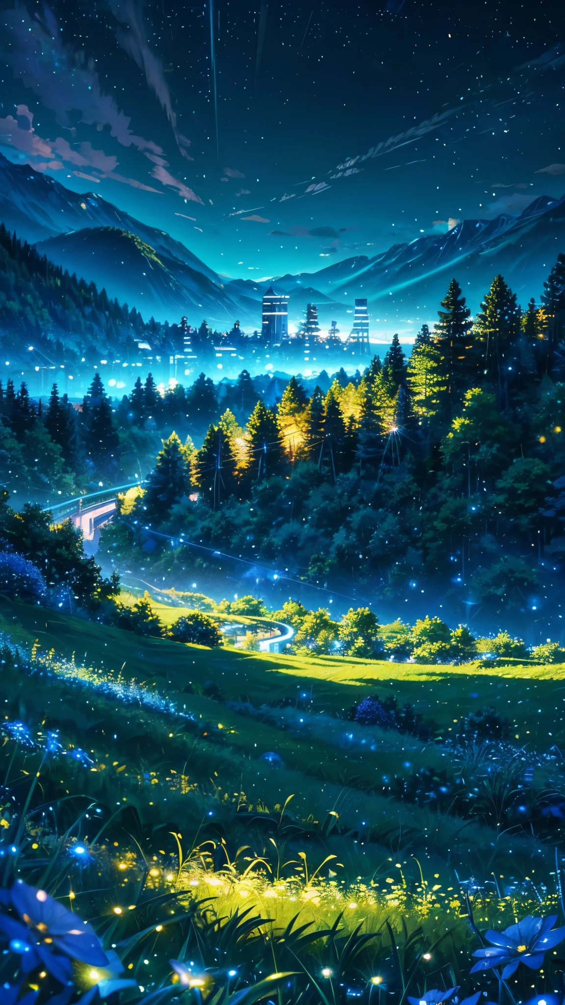 Alpes con paisajes verdes inspirados en anime con vidrio azul brillante como el cielo, efecto brillante y centelleante(Efecto bokeh) (Luciérnagas)