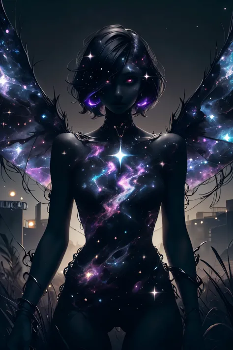 (((This is a dark image))). Generate a dark celestial woman with ((extremely perfect)) eyes and (((pure black galaxy skin))). He...