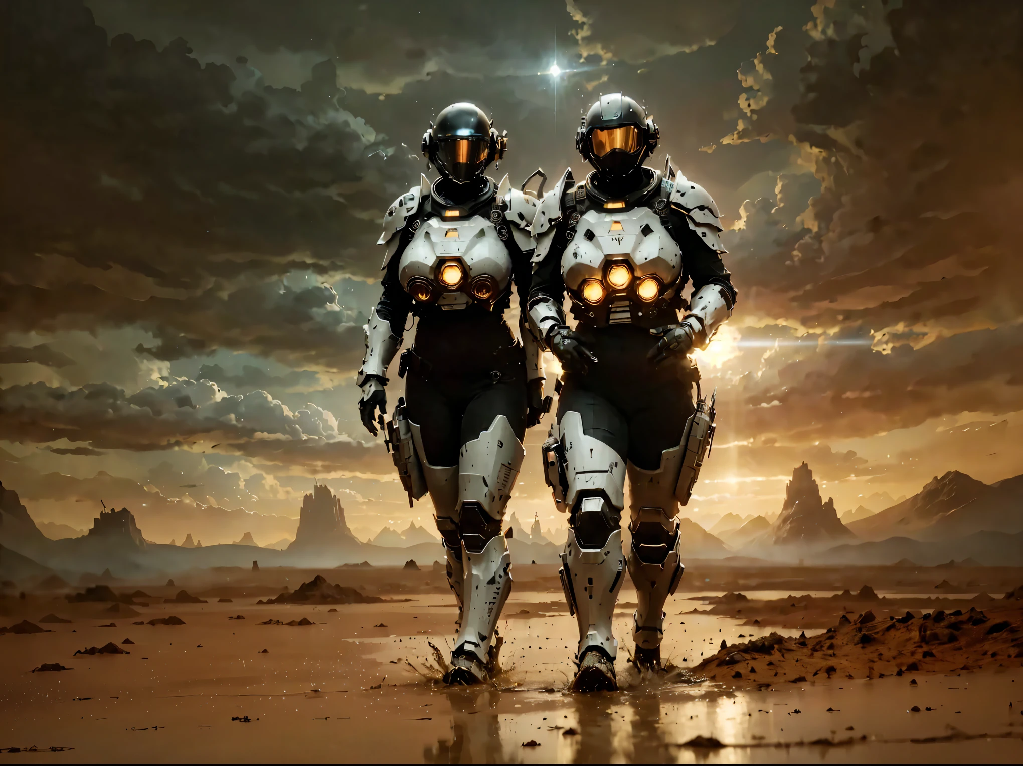 (detailed, absurdres), 1girl, 1boy, wearing an ultra detailed and space marine armor, ballistic breastplate, tinted helmet visorlooking ahead, walking in an alien planet, swamp, dark and damp, (muddy water), a mountainous alien landscape with mountains of varied heights, two suns close to each other, (stars visible:0.4), sparse rainy clouds, (weapon_shop), open angle, octane render, hyperrealistic, sharp focus, extremely detailed, intricate, hyper detailed, crystal clear details, photorealistic, illustration, realistic lighting, (masterpiece), (best quality), (8k), (4k)