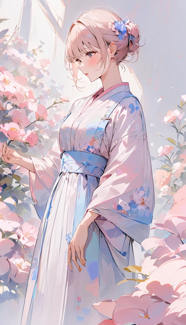 (((Simple configuration)))、(((The background is a white wall:1.2)))、One Girl、Perfect Anatomy、Picturesque、sketch、Very delicate、Cloud-like wall、、Floral、Delicate depiction、Abstract、Bright colors overall、Gentle color、kimono、Taisho romance、(masterpiece、highest quality、highest quality、Official Art、Beautiful, beautiful:1.2)