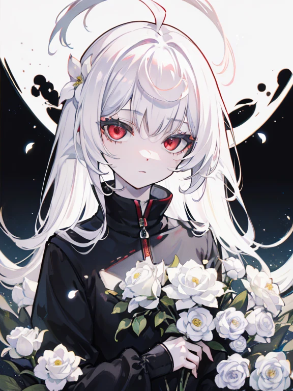 pale skin, White hair, black sweatshirt, white flowers, Flowers in the head, double tails, , One,{{Best quality}}, {{masterpiece}}, {{ultra detailed}}, {illustration}, {detailed light}, Red eyes,long hair，