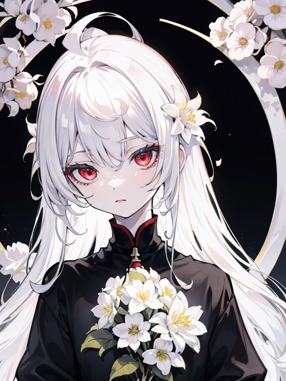 pale skin, White hair, black sweatshirt, white flowers, Flowers in the head, double tails, , One,{{Best quality}}, {{masterpiece}}, {{ultra detailed}}, {illustration}, {detailed light}, Red eyes,long hair，