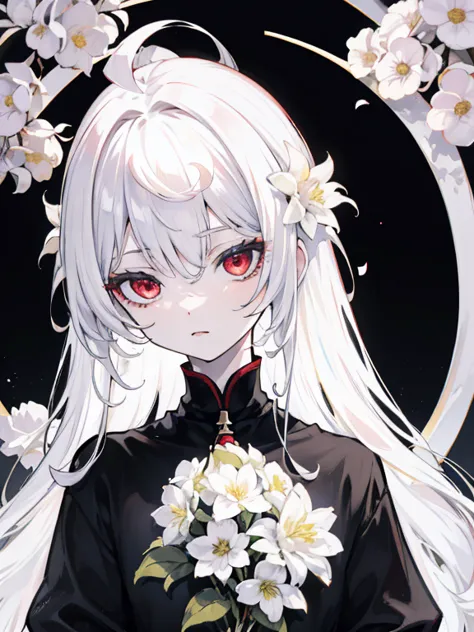 pale skin, white hair, black sweatshirt, white flowers, flowers in the head, double tails, , one,{{best quality}}, {{masterpiece...