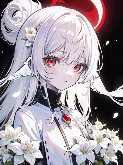 pale skin, white hair, black sweatshirt, white flowers, flowers in the head, double tails, , one,{{best quality}}, {{masterpiece...