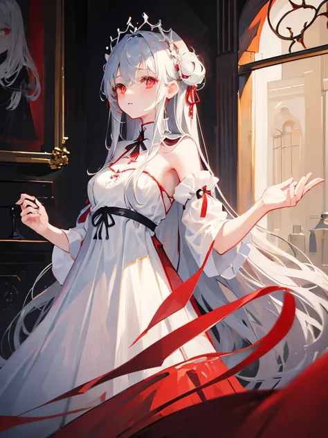 1girl, gray straight long hair, red eyes, (detailed face), full body, (white  dress with black details), medieval, (medieval roo...