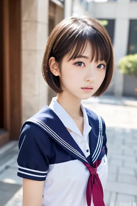 High quality, Ultra detailed, best quality, insanely detailed, beautiful, masterpiece, , looking away, 1girl,15 years old,(bob), japanese, slender body,flat chest,((school uniform, sailor suit)), from side