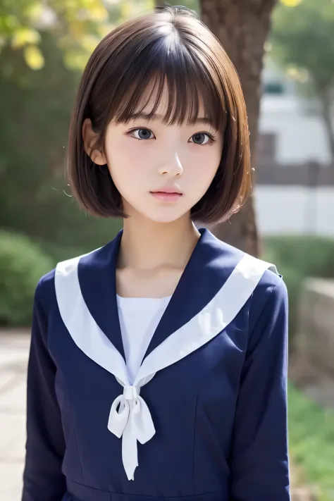 High quality, Ultra detailed, best quality, insanely detailed, beautiful, masterpiece, , looking away, 1girl,15 years old,(bob), japanese, slender body,flat chest,((school uniform, sailor suit)), from below