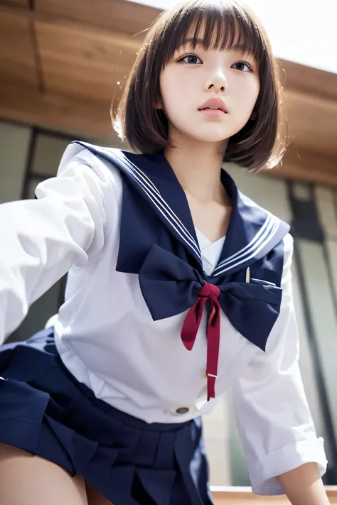 High quality, Ultra detailed, best quality, insanely detailed, beautiful, masterpiece, , looking away, 1girl,15 years old,(bob), japanese, slender body,flat chest,((school uniform, sailor suit)), (from below:1.5)