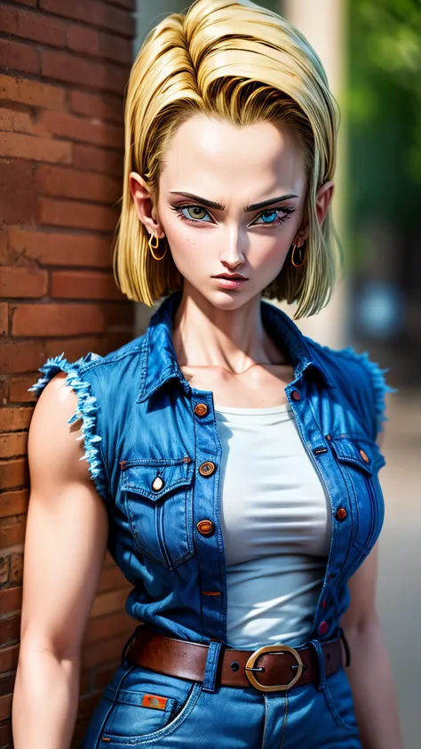 (masterpiece, best quality), realistic version of android18, earrings, denim, belt upper body, focus face, perfect face, emily r...